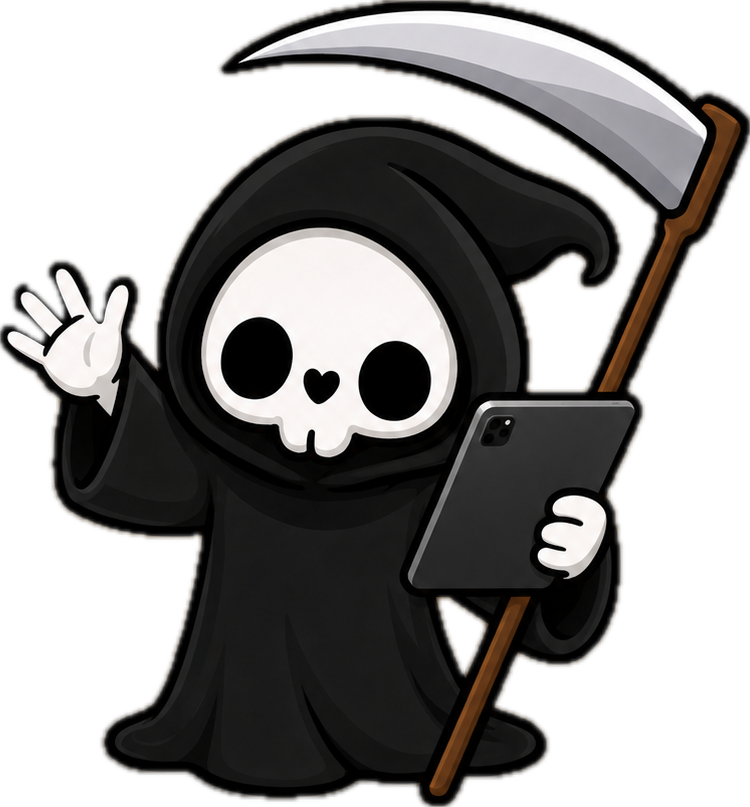 Killian, the backstage reaper mascot, holding an iPad and waving