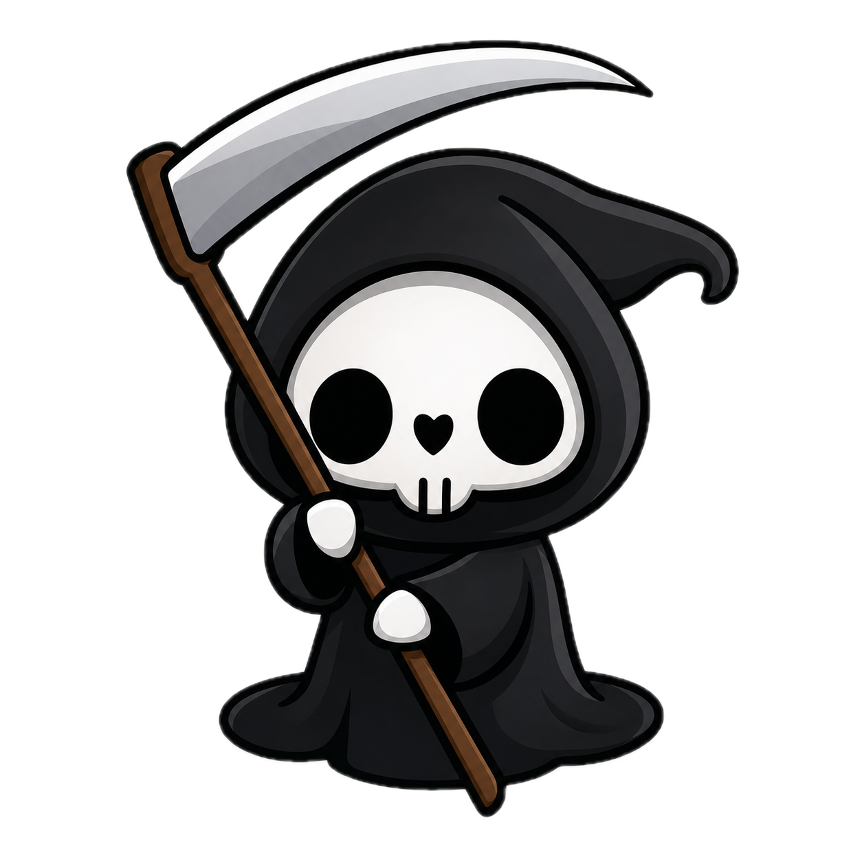 Killian, the Cue Killer mascot. A chibi grim reaper with a scythe