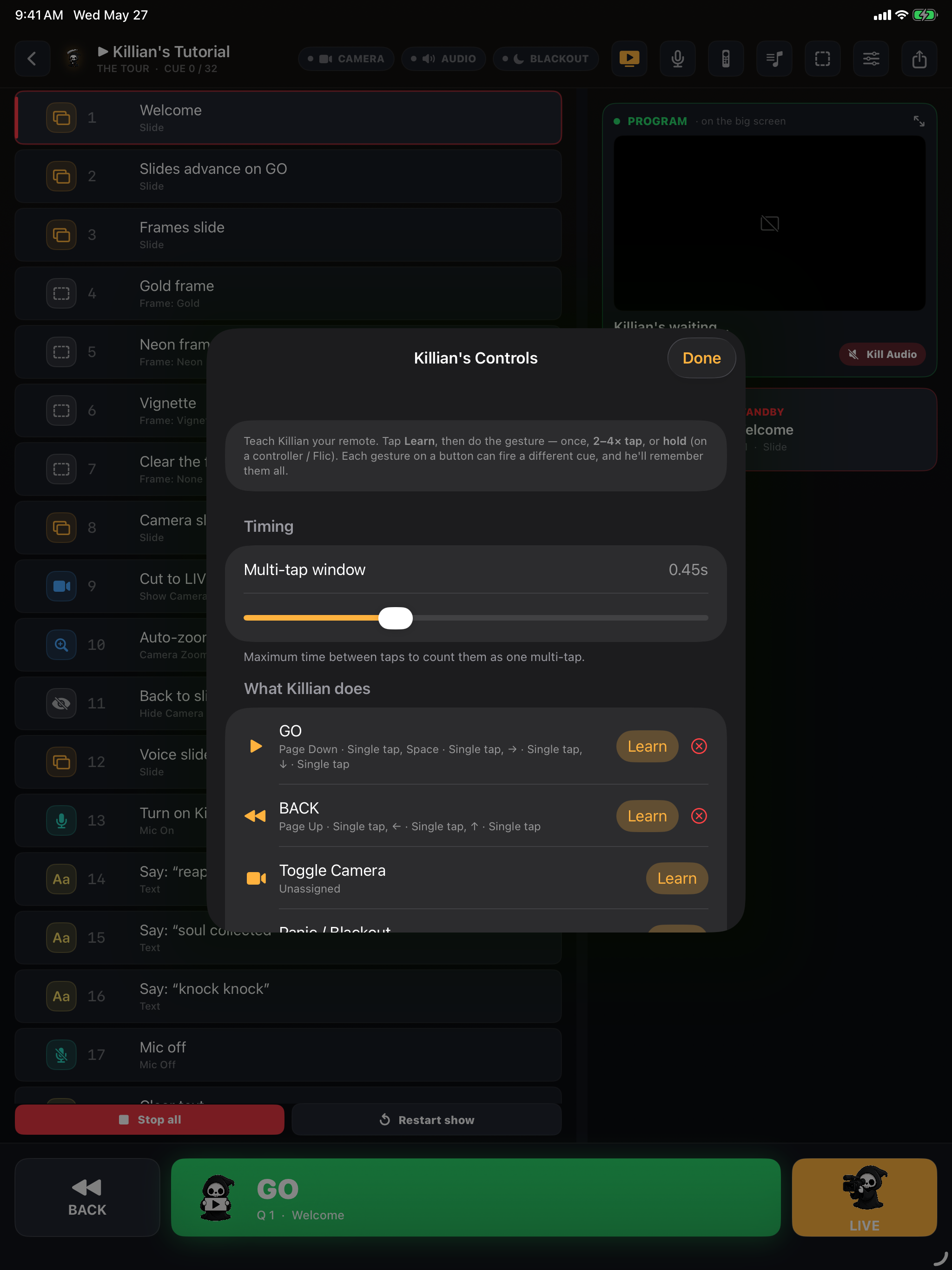 Learn-any-remote controls screen