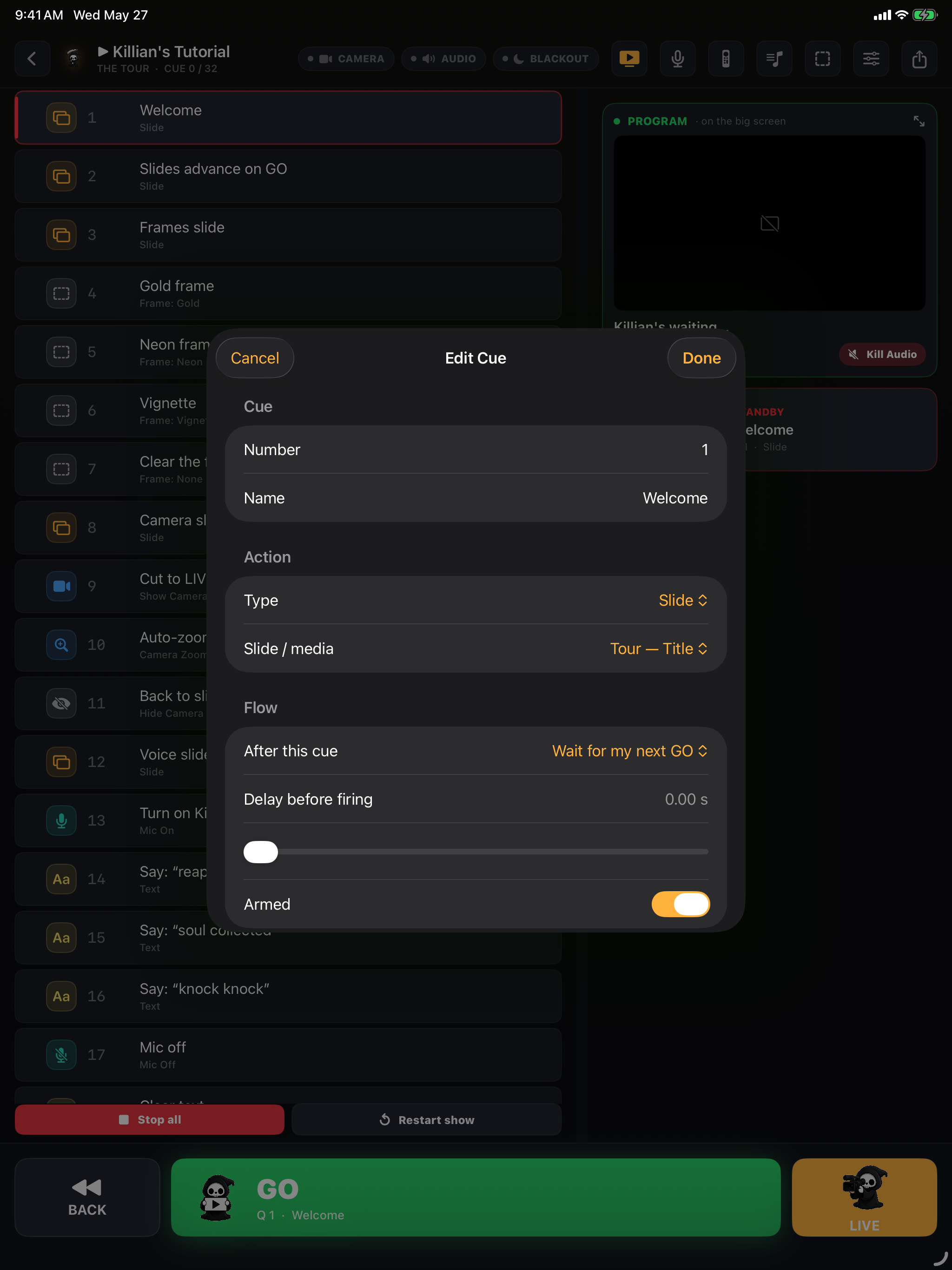 Cue editor screen